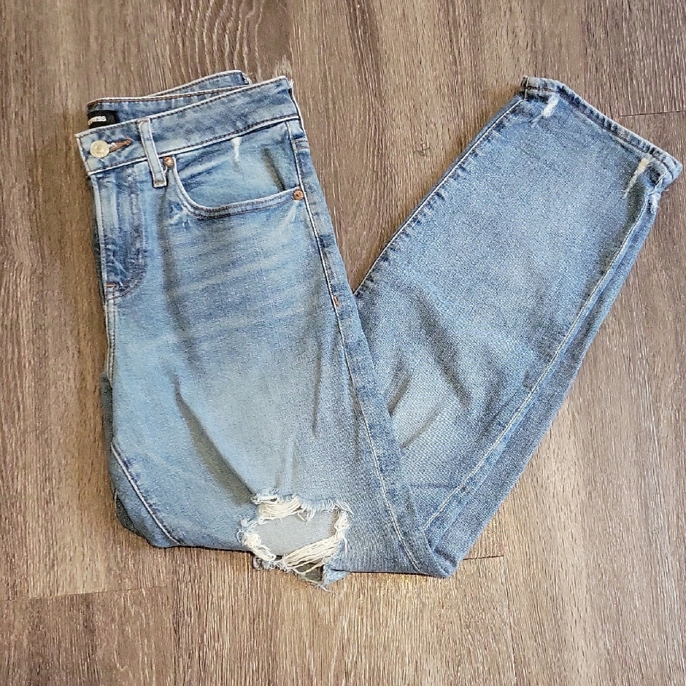 Express Blue Skinny Jeans with Distressed Details